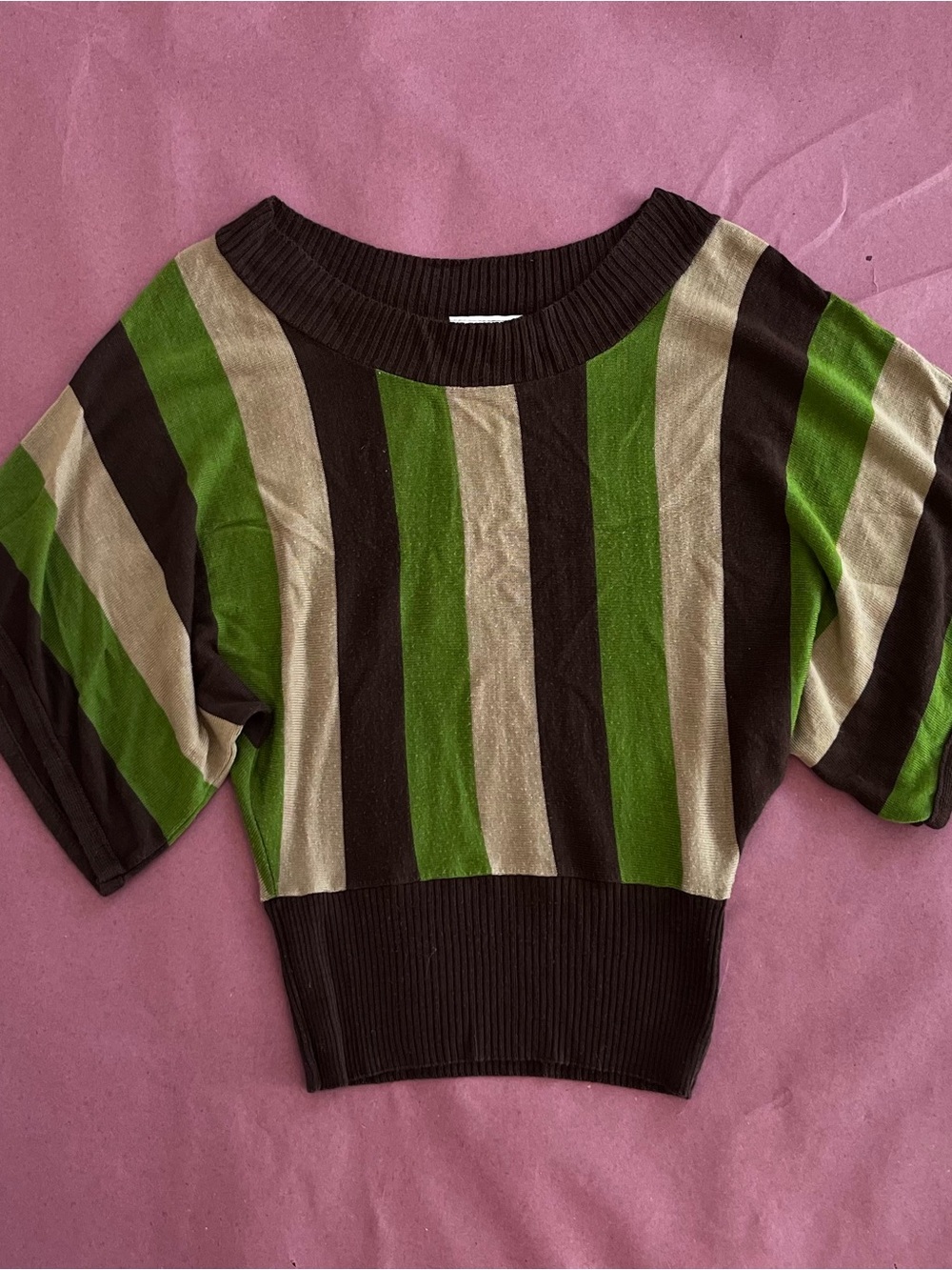 Striped Green and Black Women's Short-Sleeve Knit Top